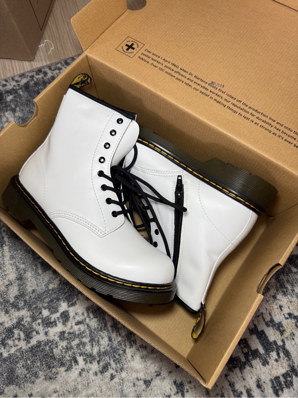 Dr. Martens White Leather Lace-Up Zip Combat Boots with Yellow Welt Stitching